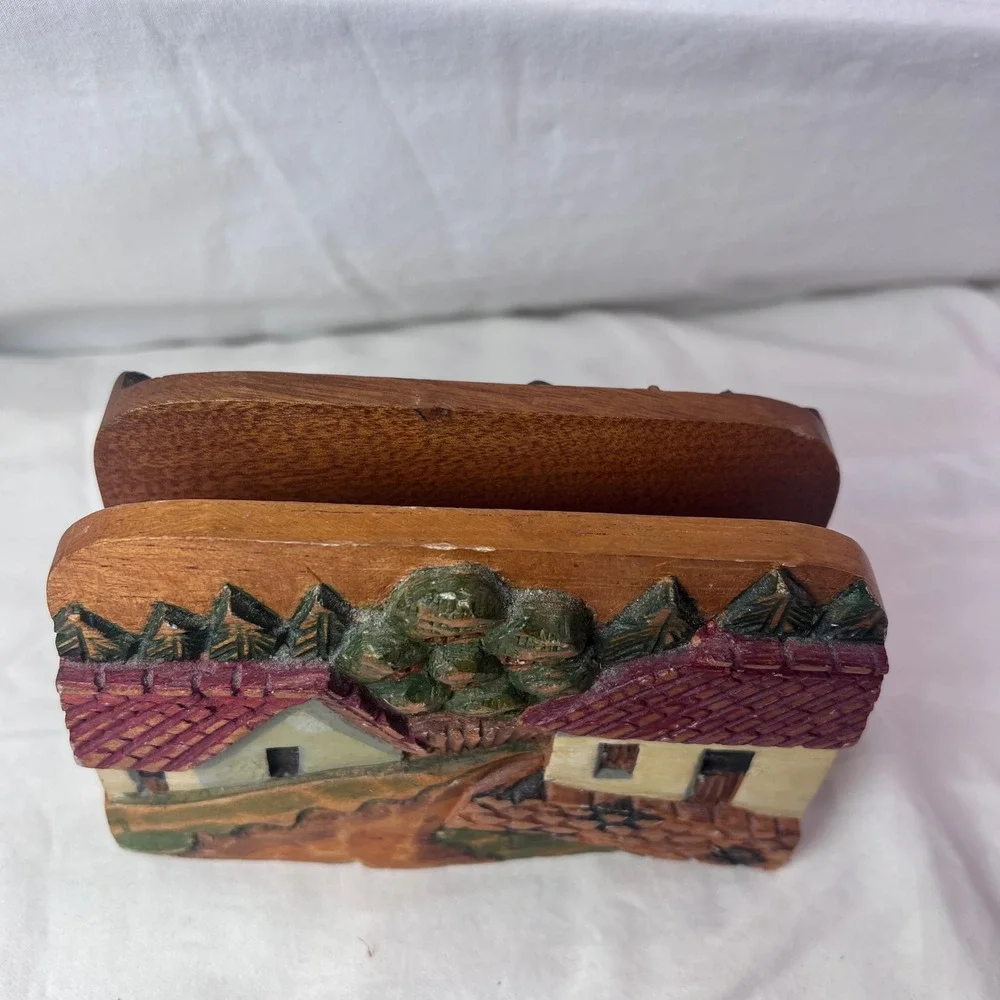 Vintage Hand Carved Wood Village Napkin Holder Letter Organizer Folk Art 6x4